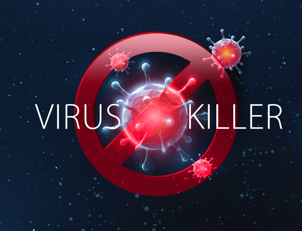 Bild eines Virus mit rotem Verbotszeichen und den Worten 'VIRUS KILLER'.