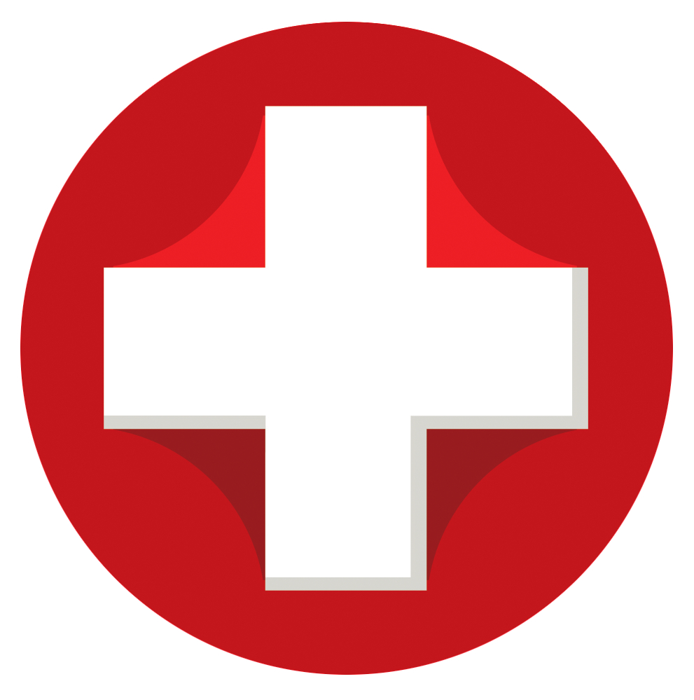 Roter Kreis mit weißem Kreuz, das Symbol für eine medizinische Einrichtung.