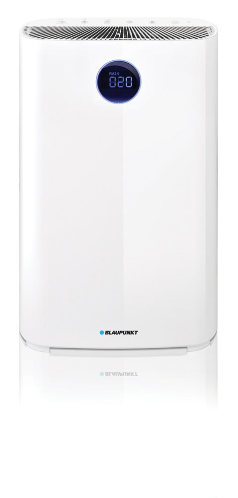 Weißer Luftreiniger mit Digitalanzeige '020'. Blaupunkt-Logo unten.