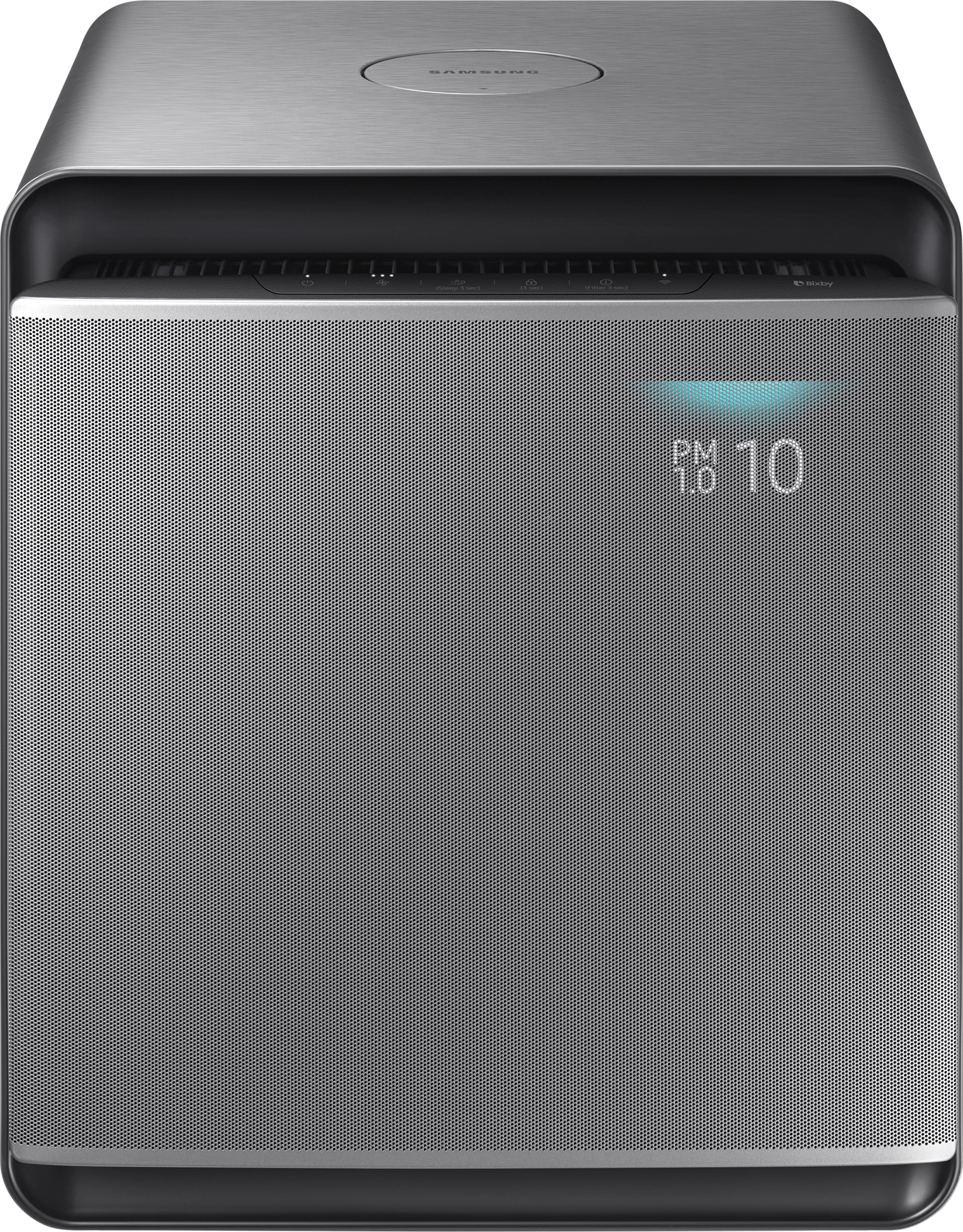 Un purificateur d'air argenté avec lumière bleue et affichage numérique à l'avant. Le logo Samsung est en haut.