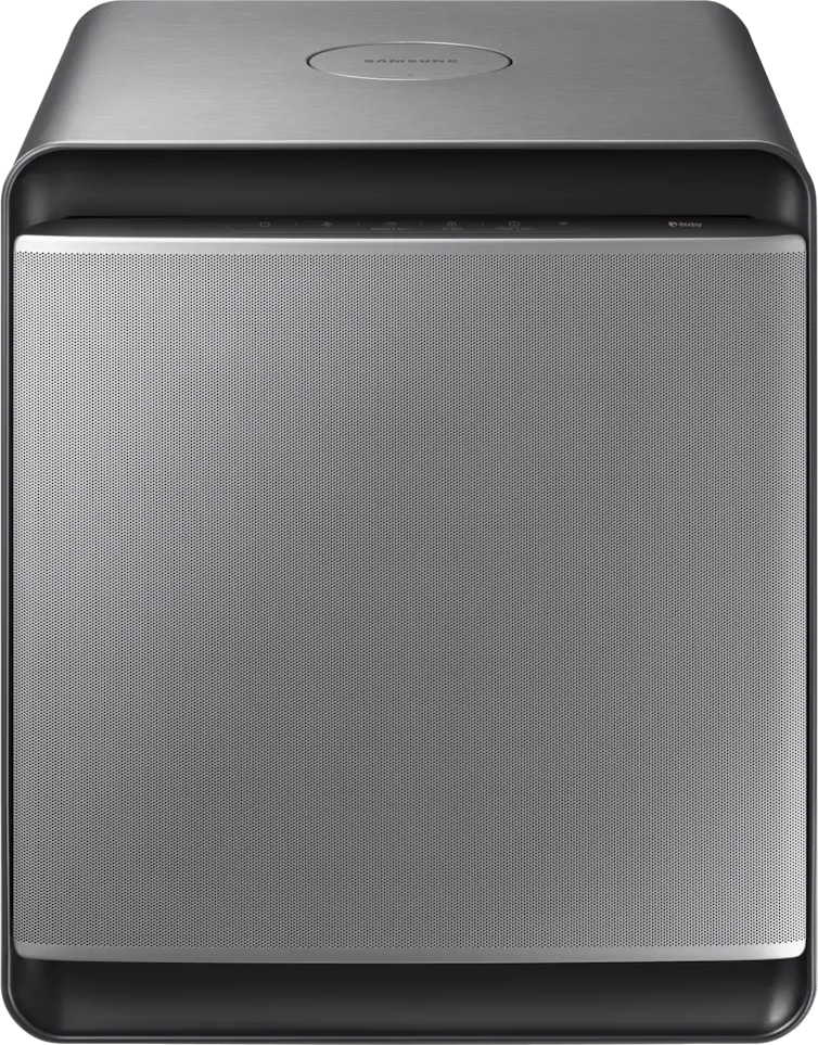 Un caisson de basses pour barre de son Samsung noir et argent.