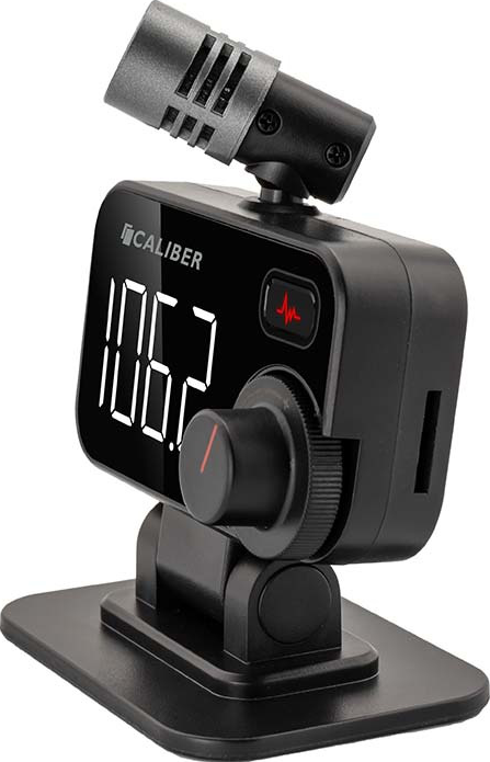 Ein schwarzes Autogerät mit Display und Mikrofon.