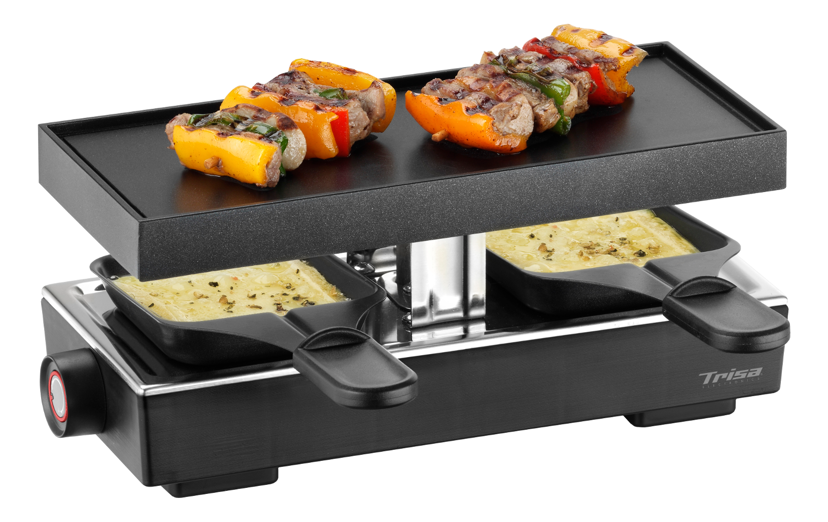 Raclette-Grill mit zwei Pfannen Käse und gegrillten Paprika oben drauf.
