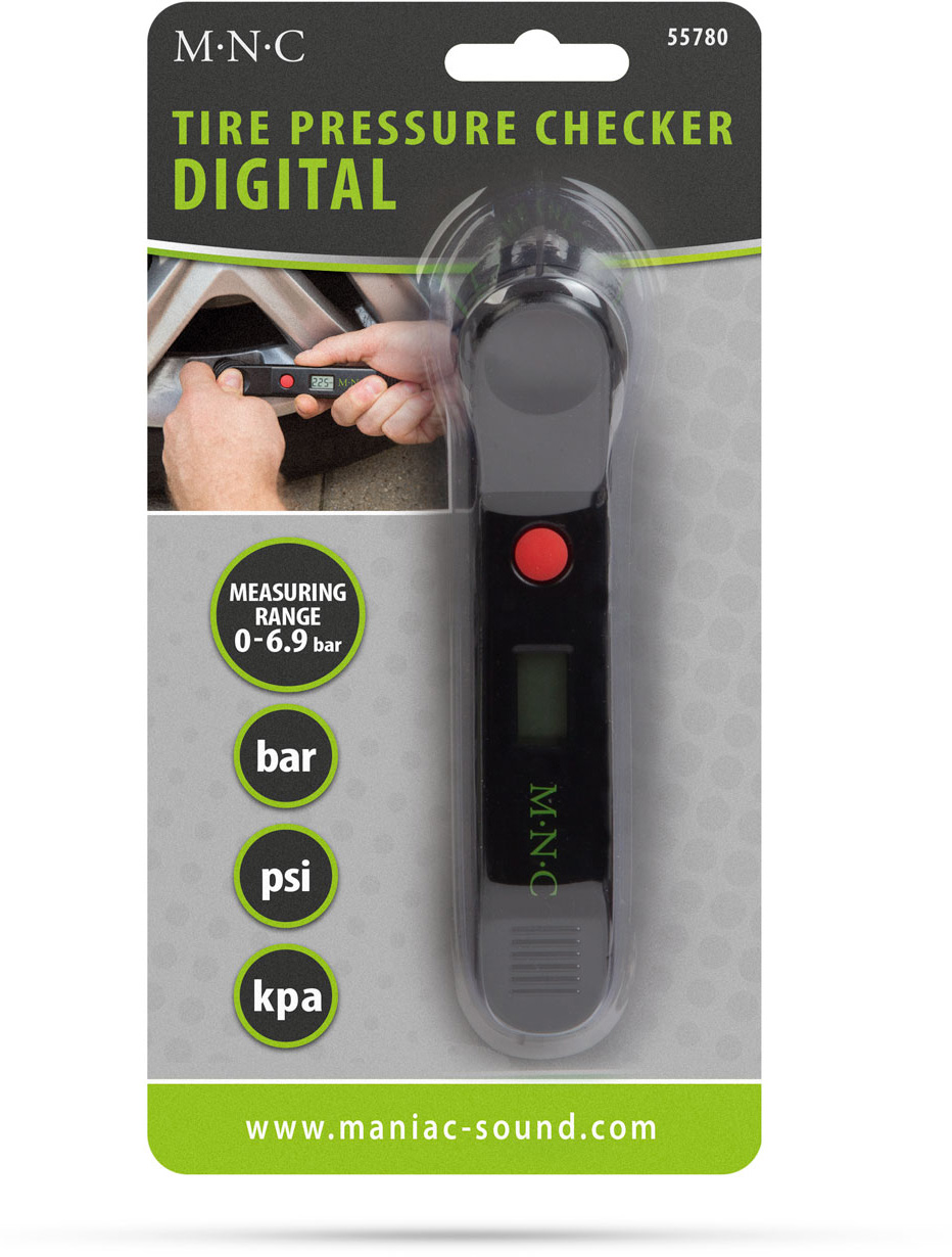 Guminyomás-ellenőrző, digitális, mérési tartománnyal és gombbal.