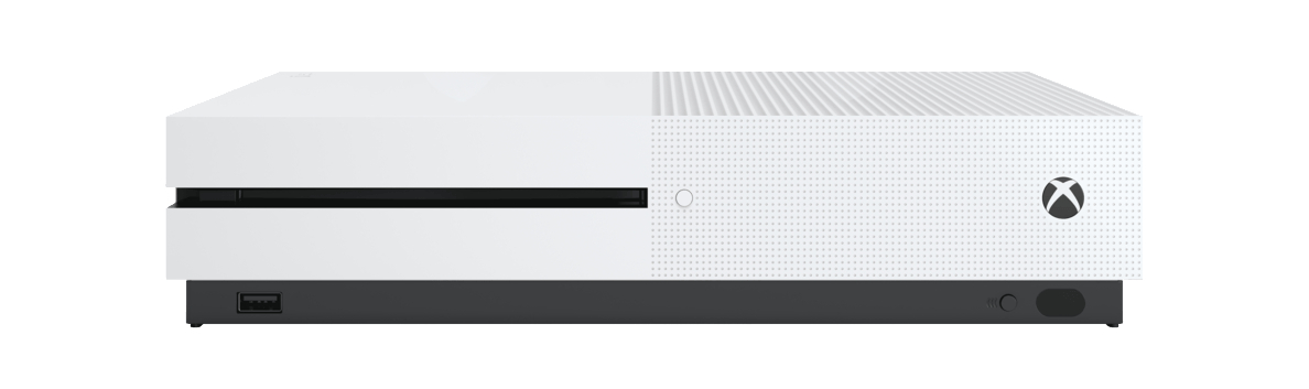 Weiße Xbox One Konsole. Vorderansicht, mit Xbox Logo und Power-Taste.