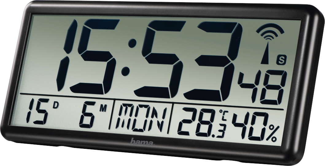 Horloge numérique noire affichant 15:53:48, la date, le jour, la température et l'humidité. Une icône de signal radio est visible.