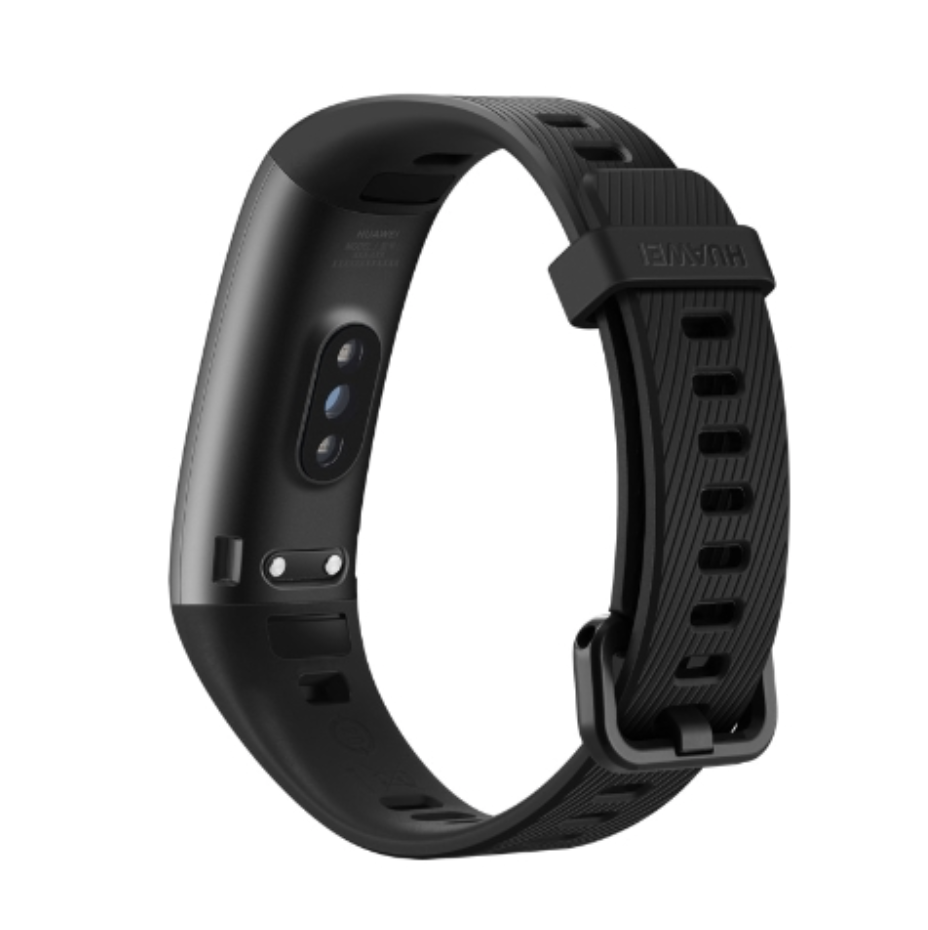 Bantlı siyah fitness takip cihazı. Bir bileğe takılır. Huawei logosu vardır.