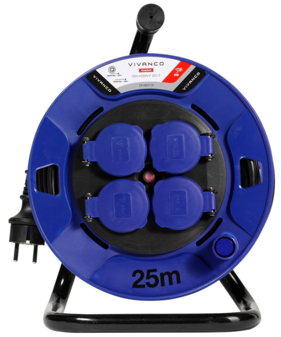 Eine blau-schwarze Kabeltrommel mit vier abgedeckten Steckdosen und einem Stecker, beschriftet mit '25m' und 'VIVANCO'.