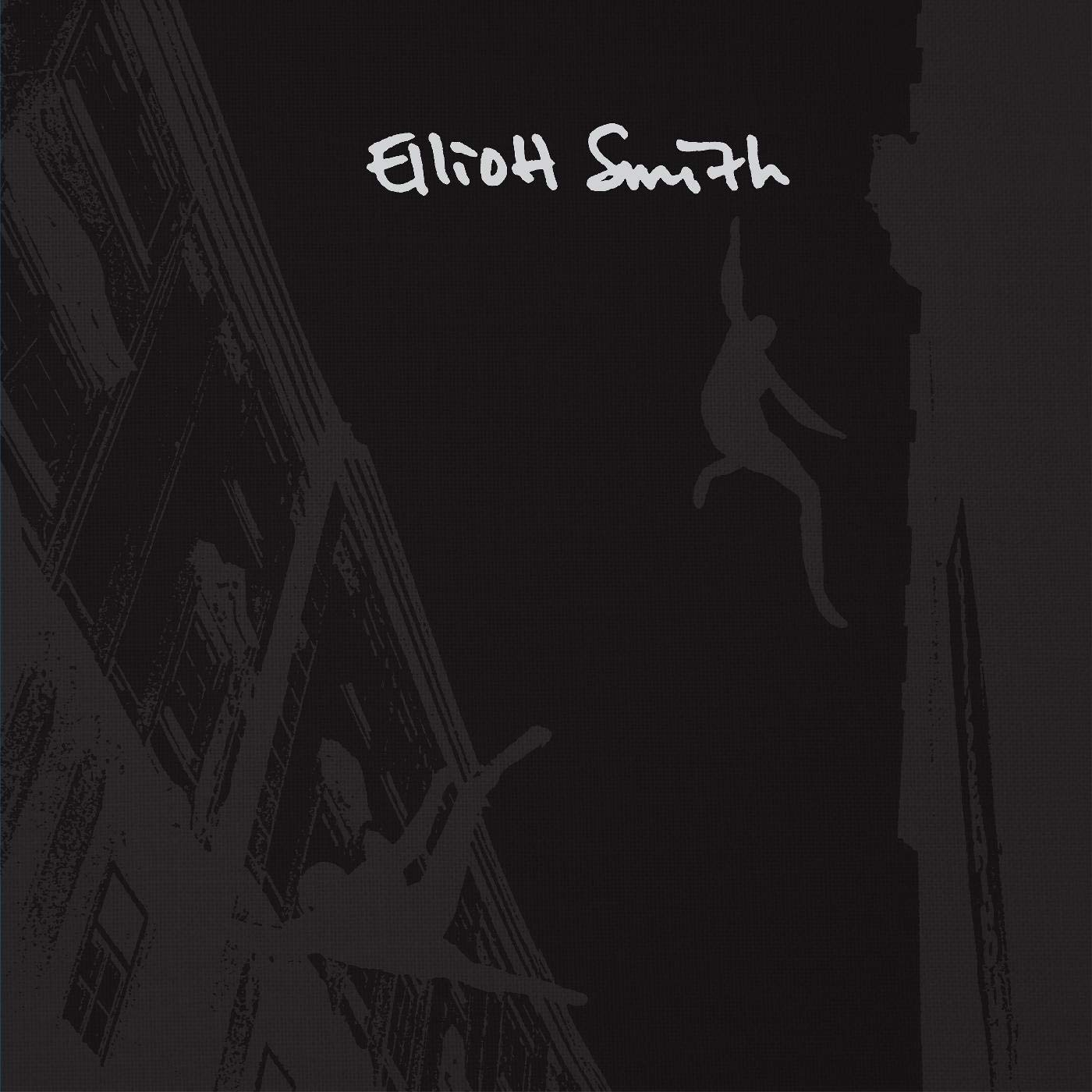 Pochette d'album avec le texte blanc 'Elliott Smith' et des silhouettes de personnages tombant d'un bâtiment.