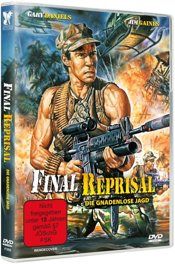 DVD-Cover mit einem Mann, der eine Waffe hält, mit Dschungel und anderen Figuren im Hintergrund.