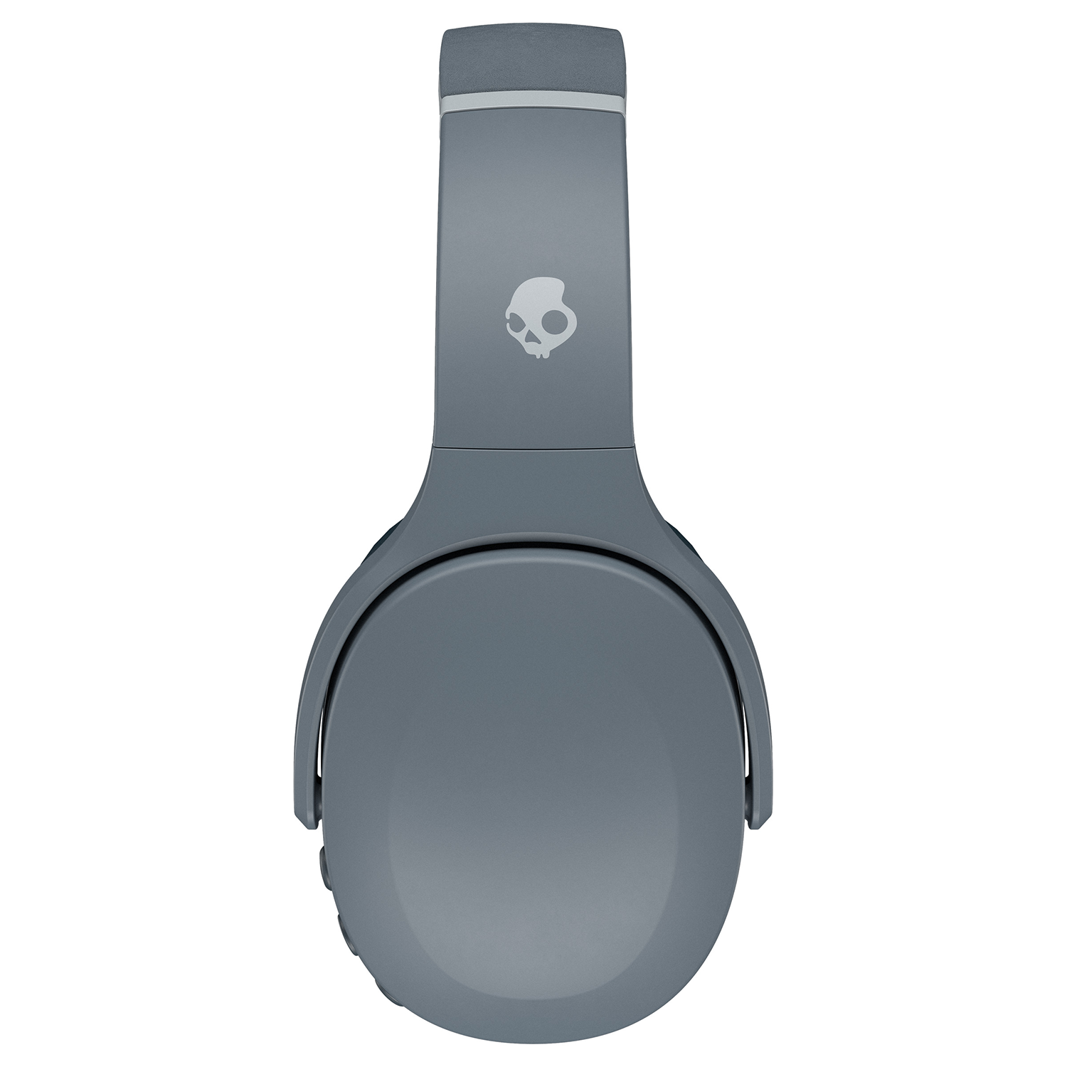 Gray headphones, top view, skull logo on headband. White background.