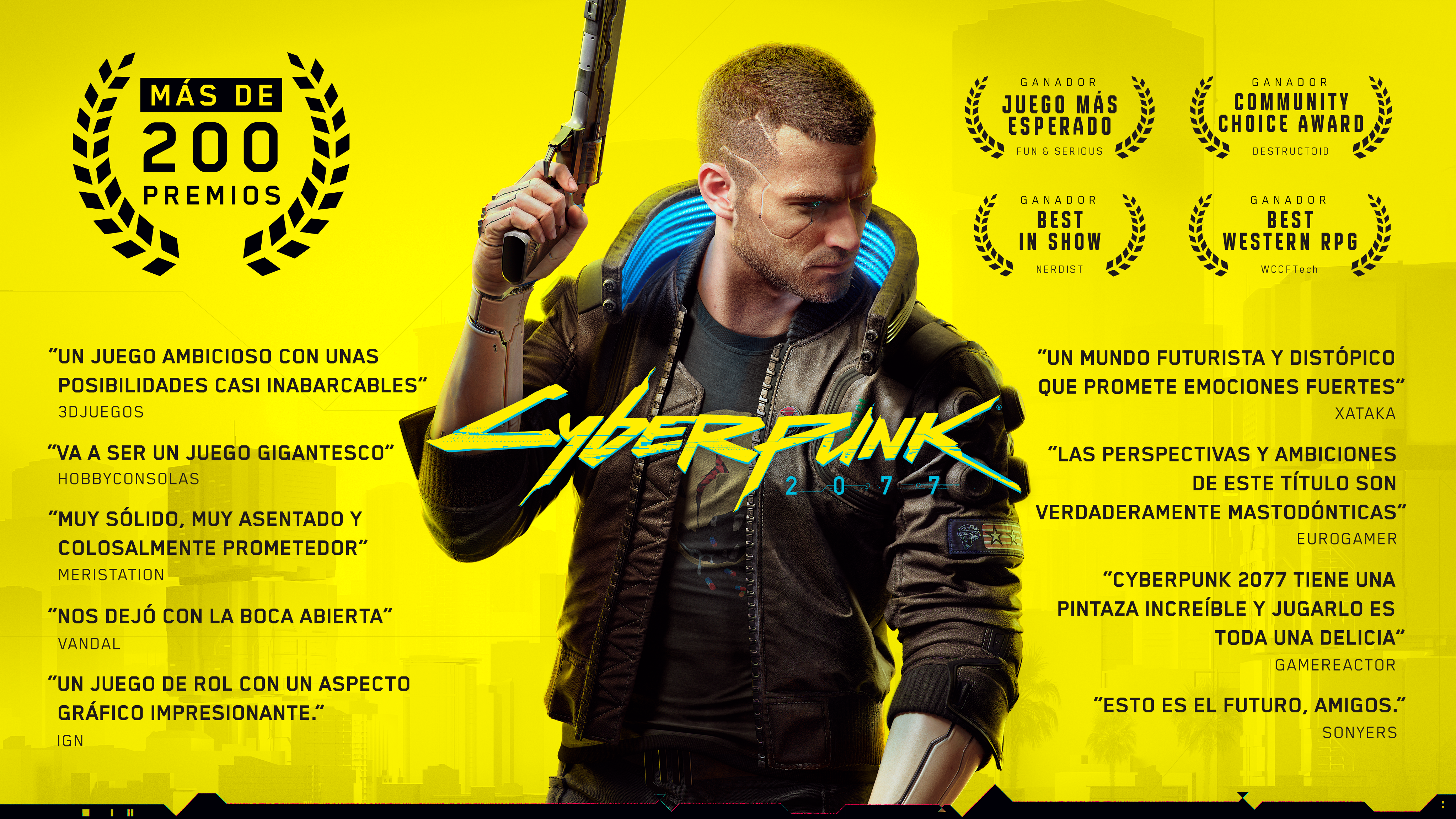 Portada del juego Cyberpunk 2077 con un hombre sosteniendo un arma.