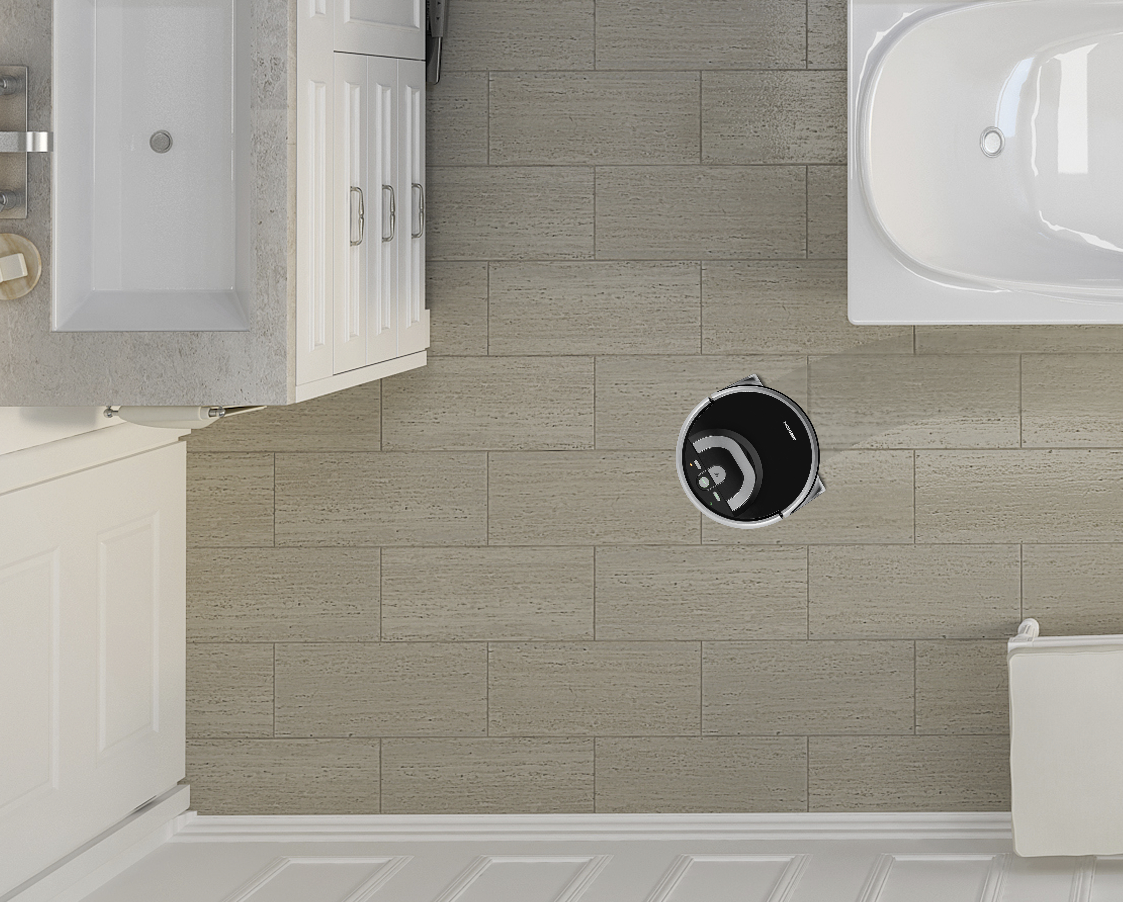 Eine Draufsicht auf ein Badezimmer mit einem Roboter-Staubsauger in Betrieb.