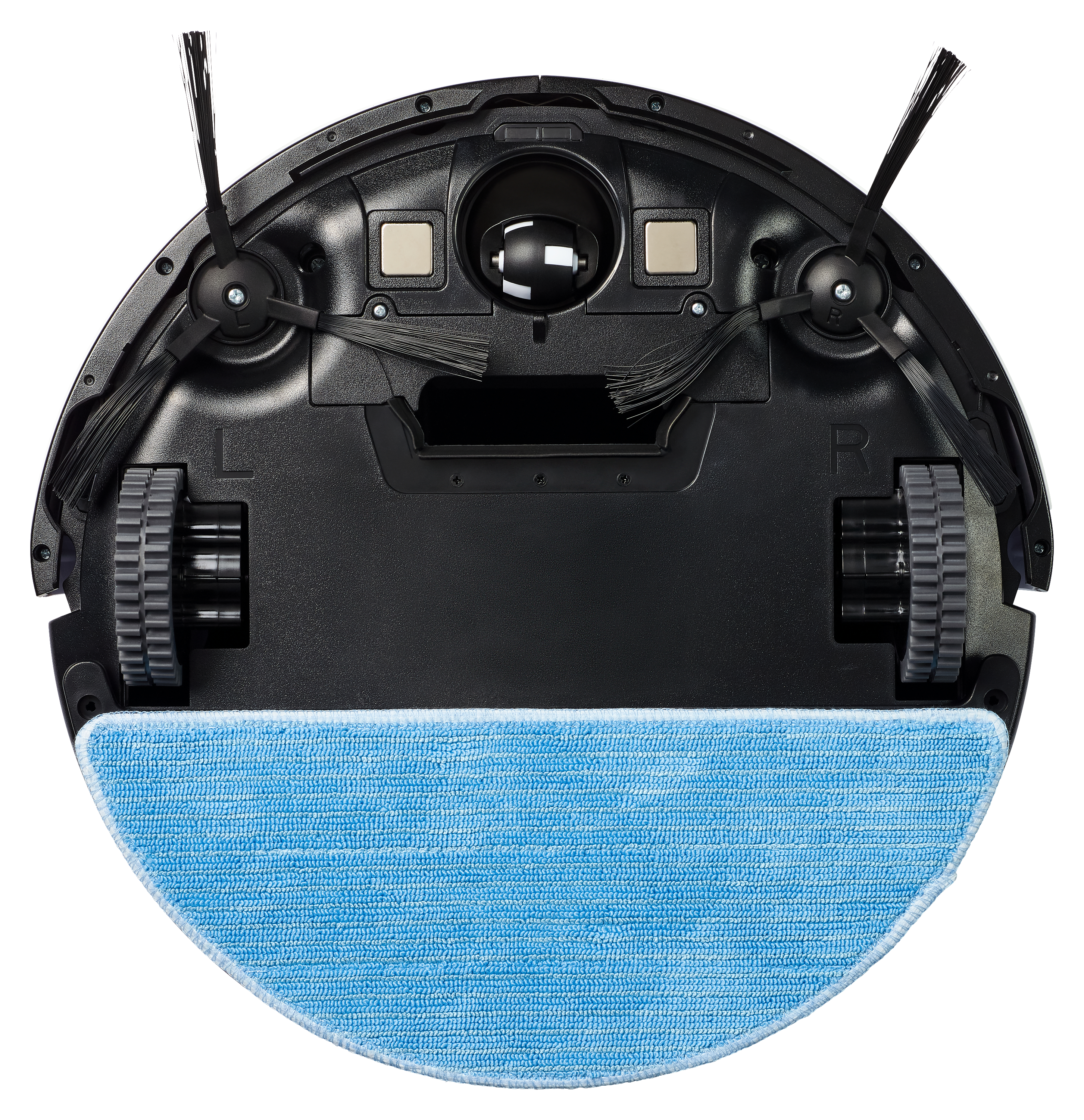Roboter-Staubsauger, Unterseite. Schwarzer Körper, blaues Wischtuch, Bürstendetail.