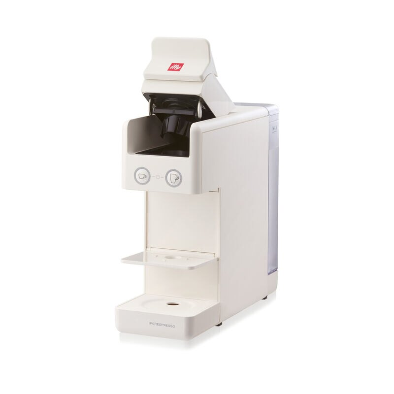 Weiße und beige Illy iperEspresso Kaffeemaschine auf Weiß.