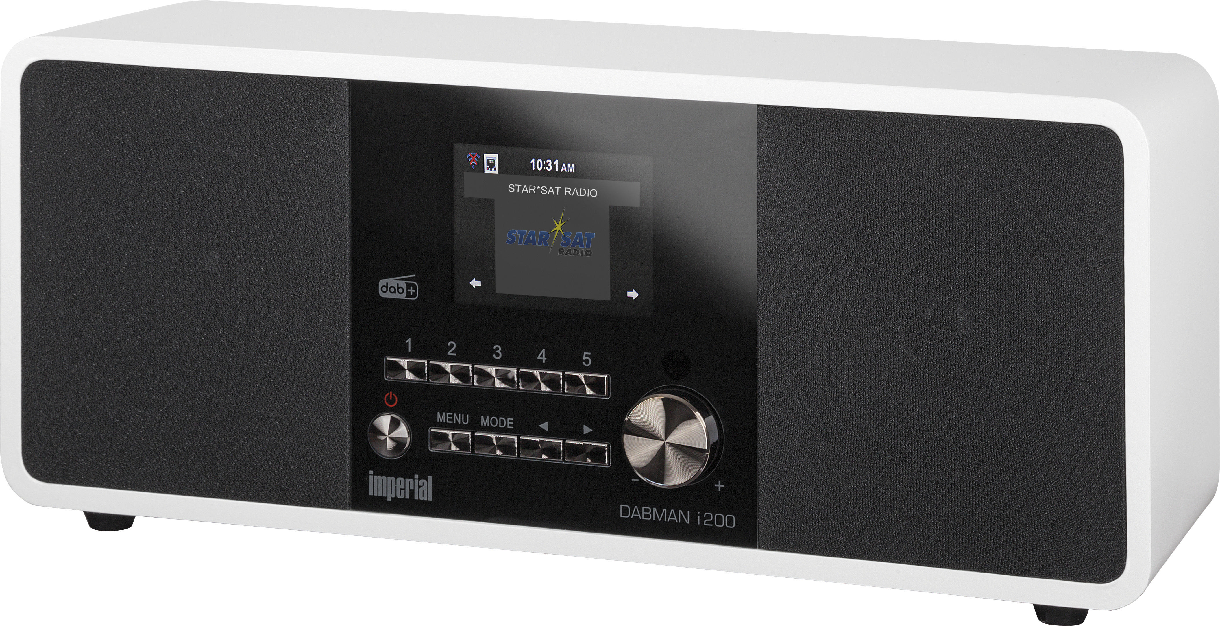 Ein weißes DABMAN i200 Radio. Es hat einen Bildschirm und zwei Lautsprecher an den Seiten.