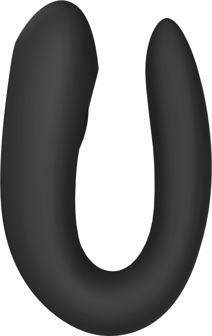 Un sextoy noir en forme de U, avec un design lisse et arrondi, sur un fond sombre.