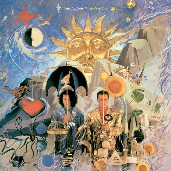 Pochette d'album : deux personnes avec des parapluies dans une scène surréaliste colorée avec soleil, lune et autres figures.