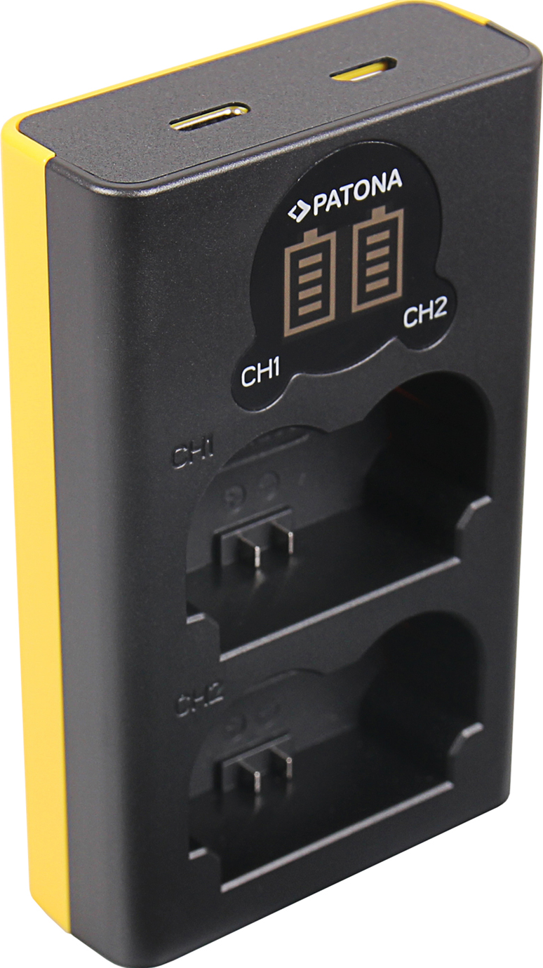 Chargeur noir avec accents jaunes et deux emplacements de chargement.