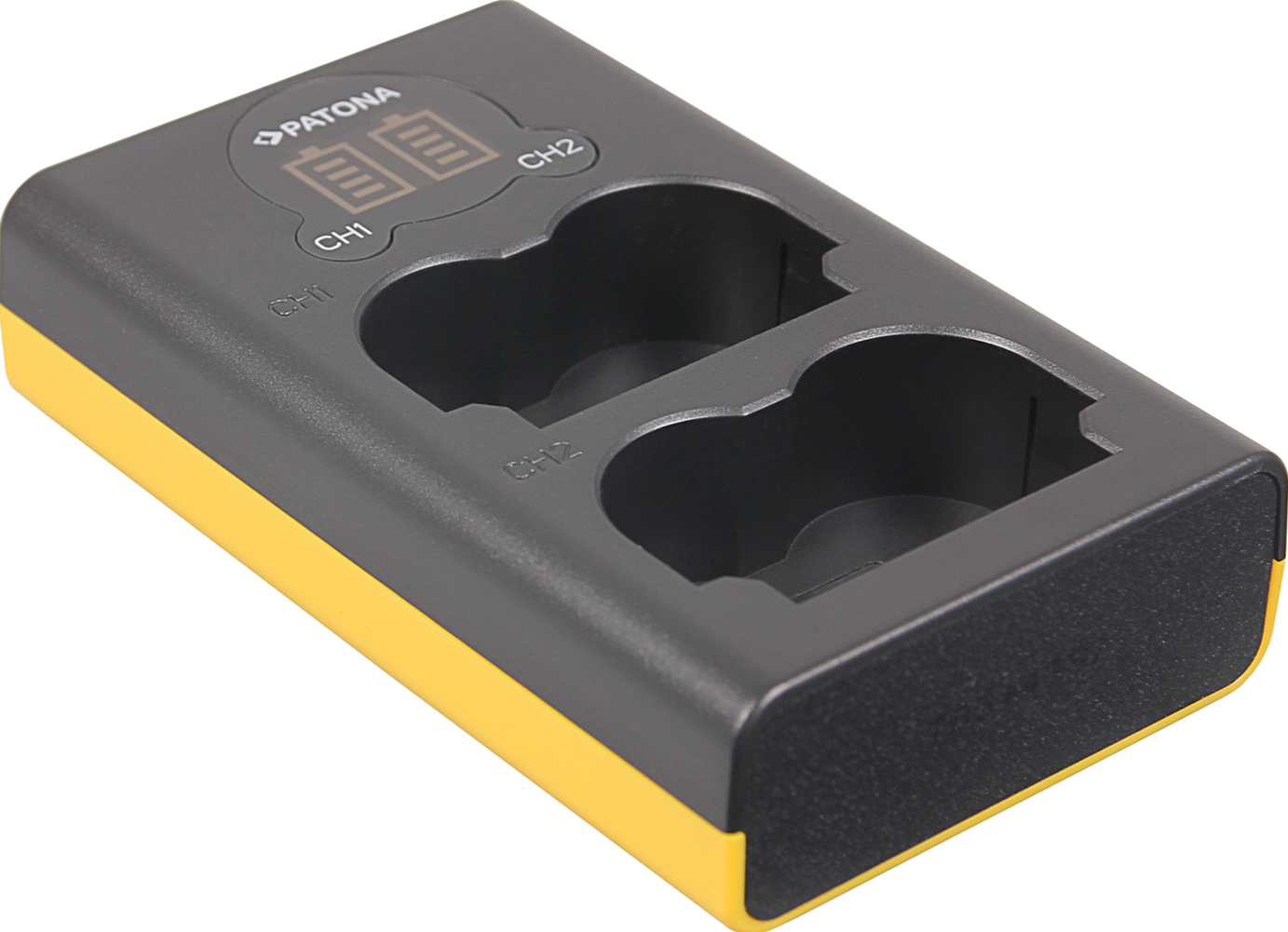 Un chargeur de batterie gris avec une base jaune et deux fentes pour batteries.