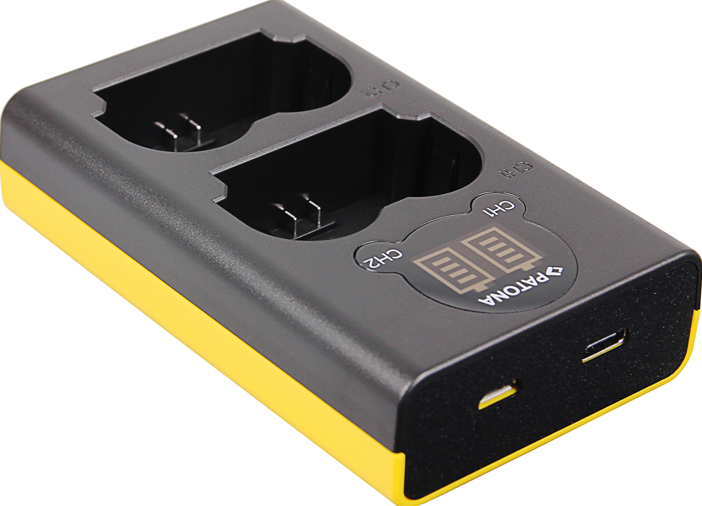 Un chargeur de batterie noir et jaune double slot avec indicateurs.