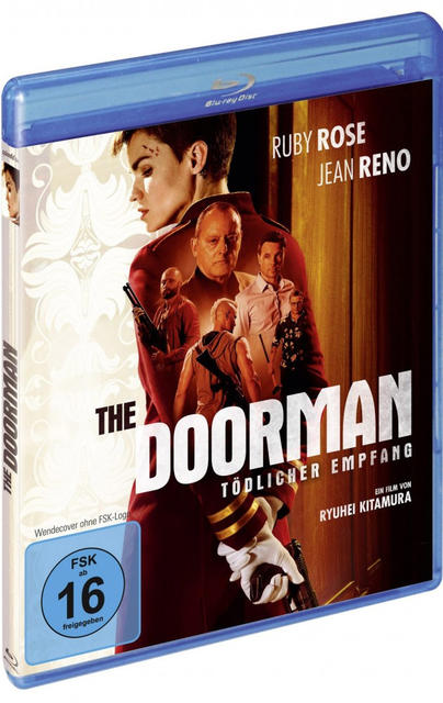 Blu-ray-Filmhülle mit einer Frau in Rot und anderen Personen im Hintergrund. Der Titel lautet „The Doorman“.