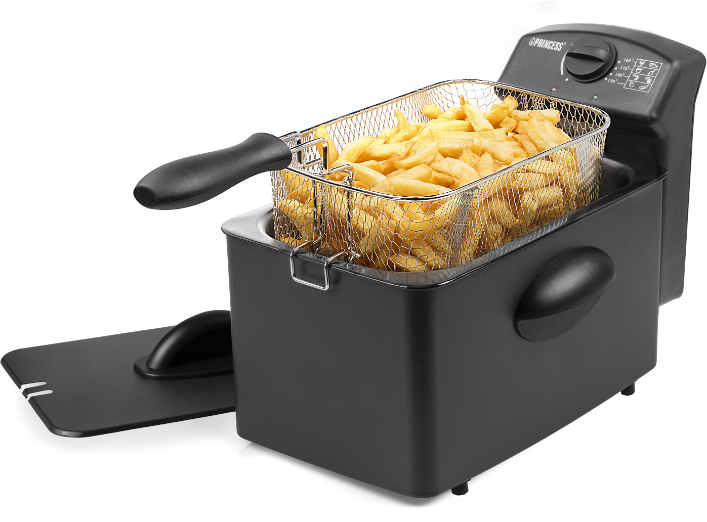 Black deep fryer with a basket full of french fries and a control panel on the right.
