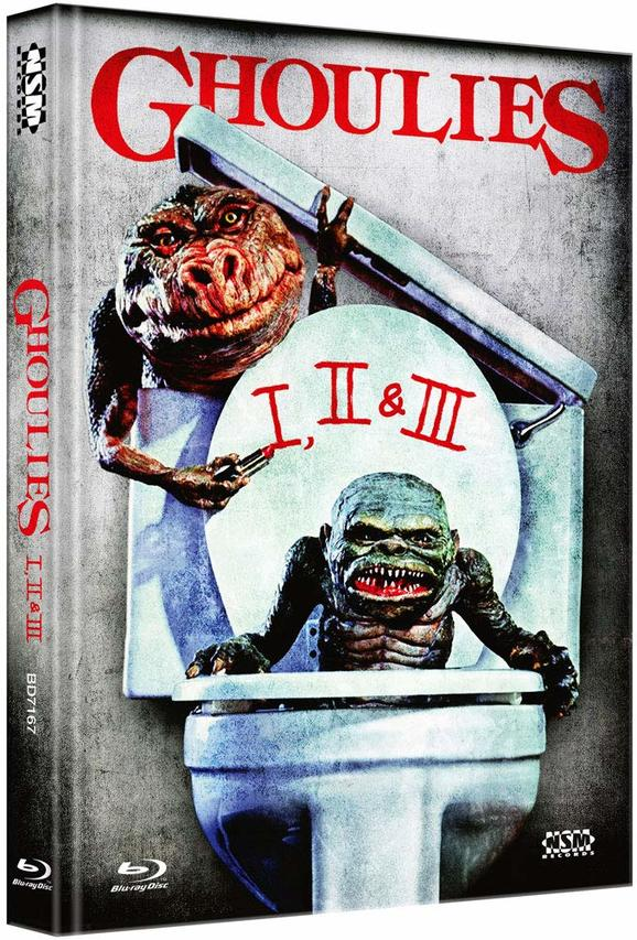 Filmcover: Zwei groteske Monster steigen aus einer Toilette. Der Titel 'Ghoulies II & III' ist rot.