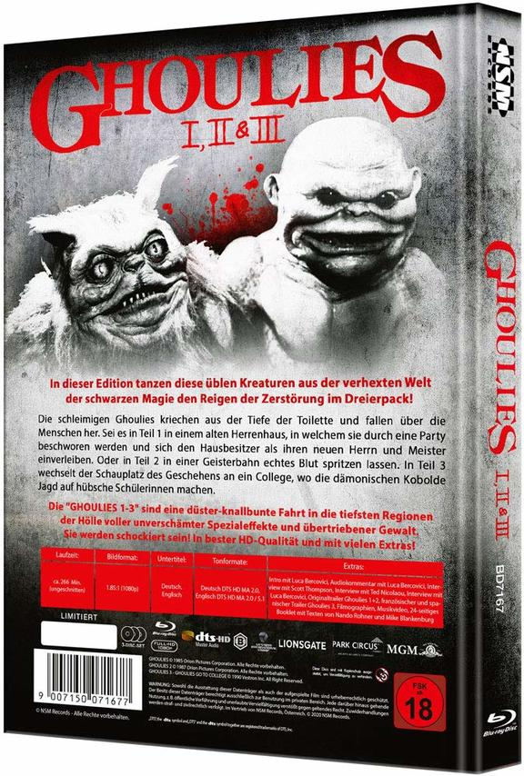 DVD-Hülle für 'Ghoulies I, II & III' mit Cover-Art von Monstergesichtern.