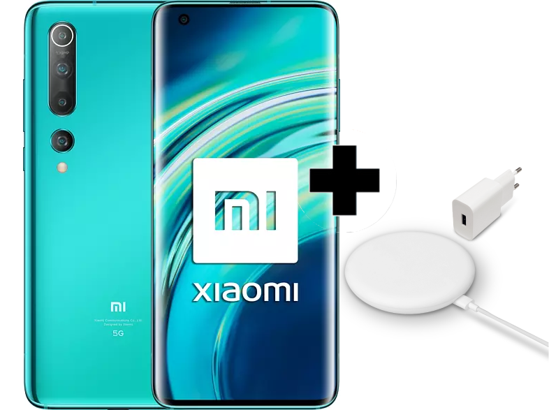 Un smartphone turquesa con su parte trasera y delantera, cargador y un cargador inalámbrico.