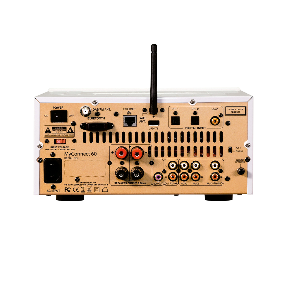 Rückansicht eines schwarzen und goldenen Audio-Receivers mit Anschlüssen, Knöpfen und DAB-Antenne.