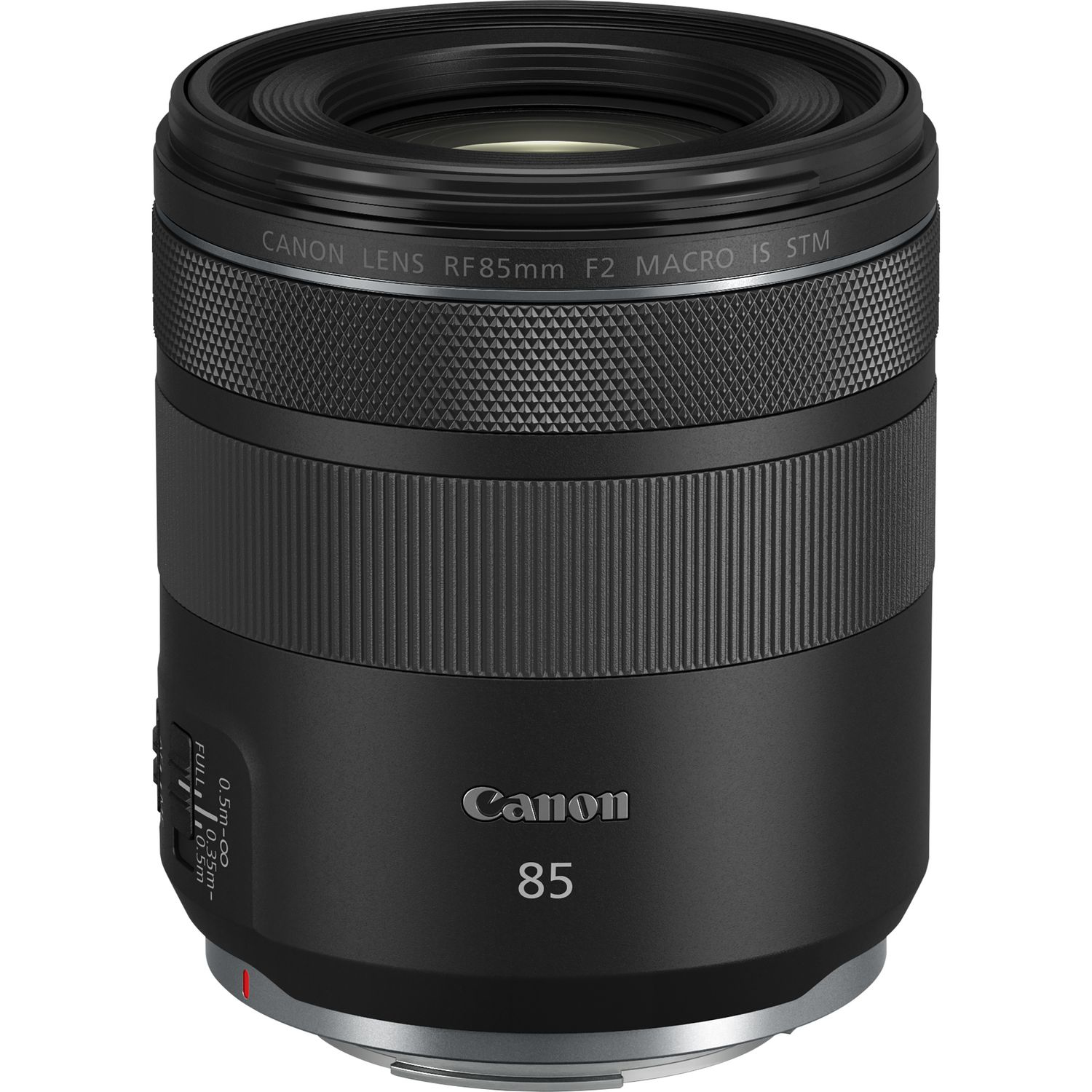 Lente de cámara Canon 85mm negro con marcas y el logotipo de Canon.