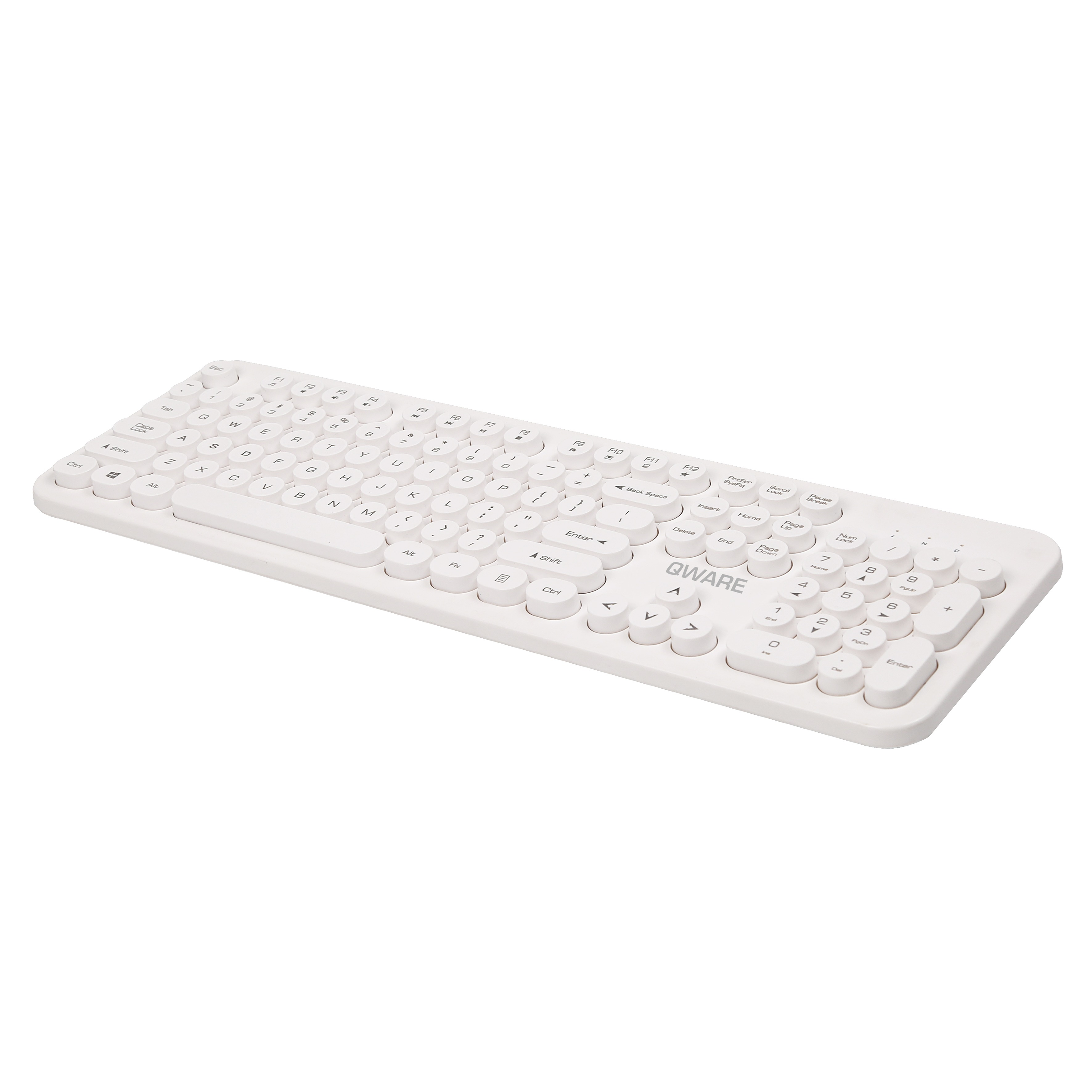 Wit toetsenbord met witte toetsen. Het toetsenbord staat op een witte achtergrond.