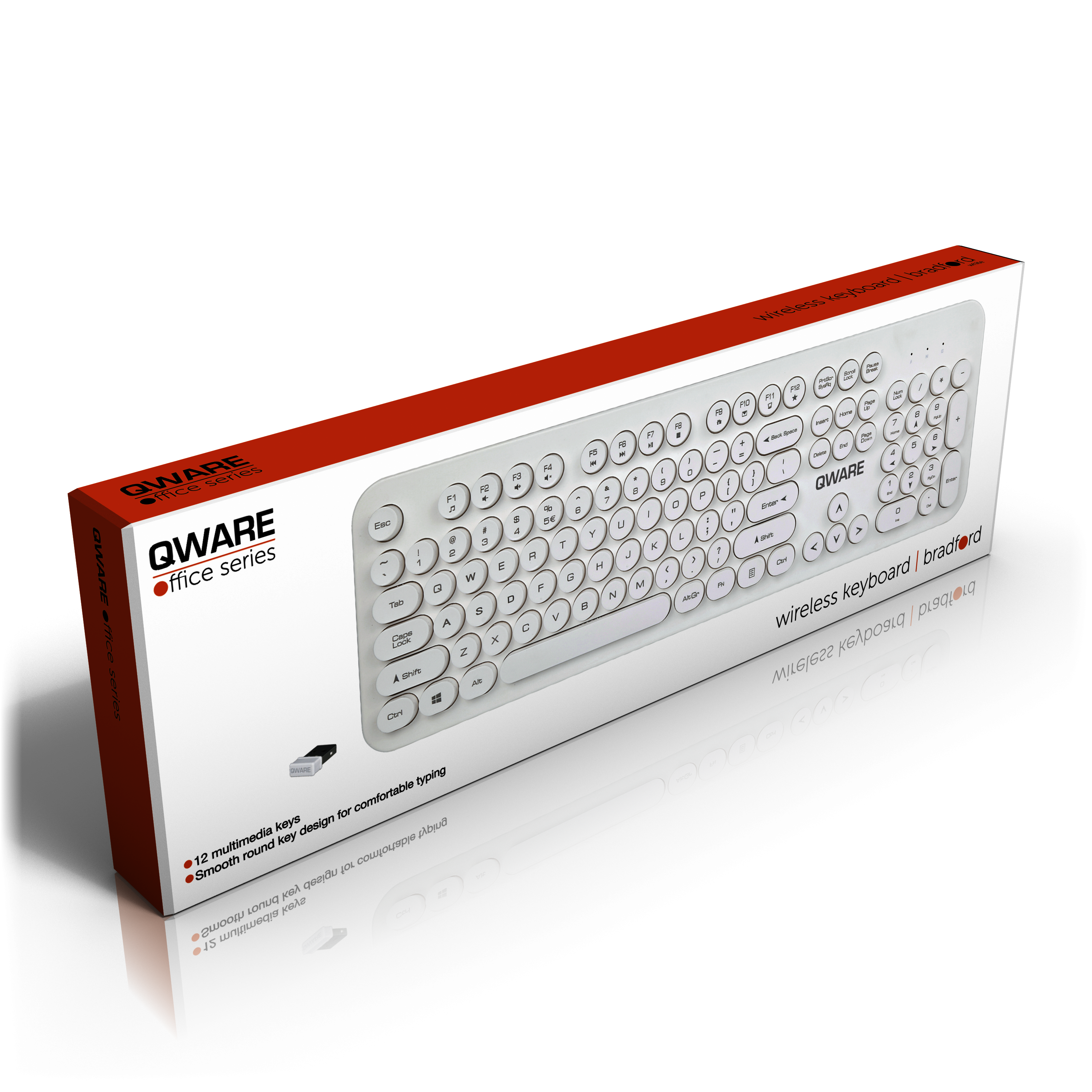 Wit Qware-toetsenbord in een rood-witte doos. Het toetsenbord is draadloos en heeft ronde toetsen.