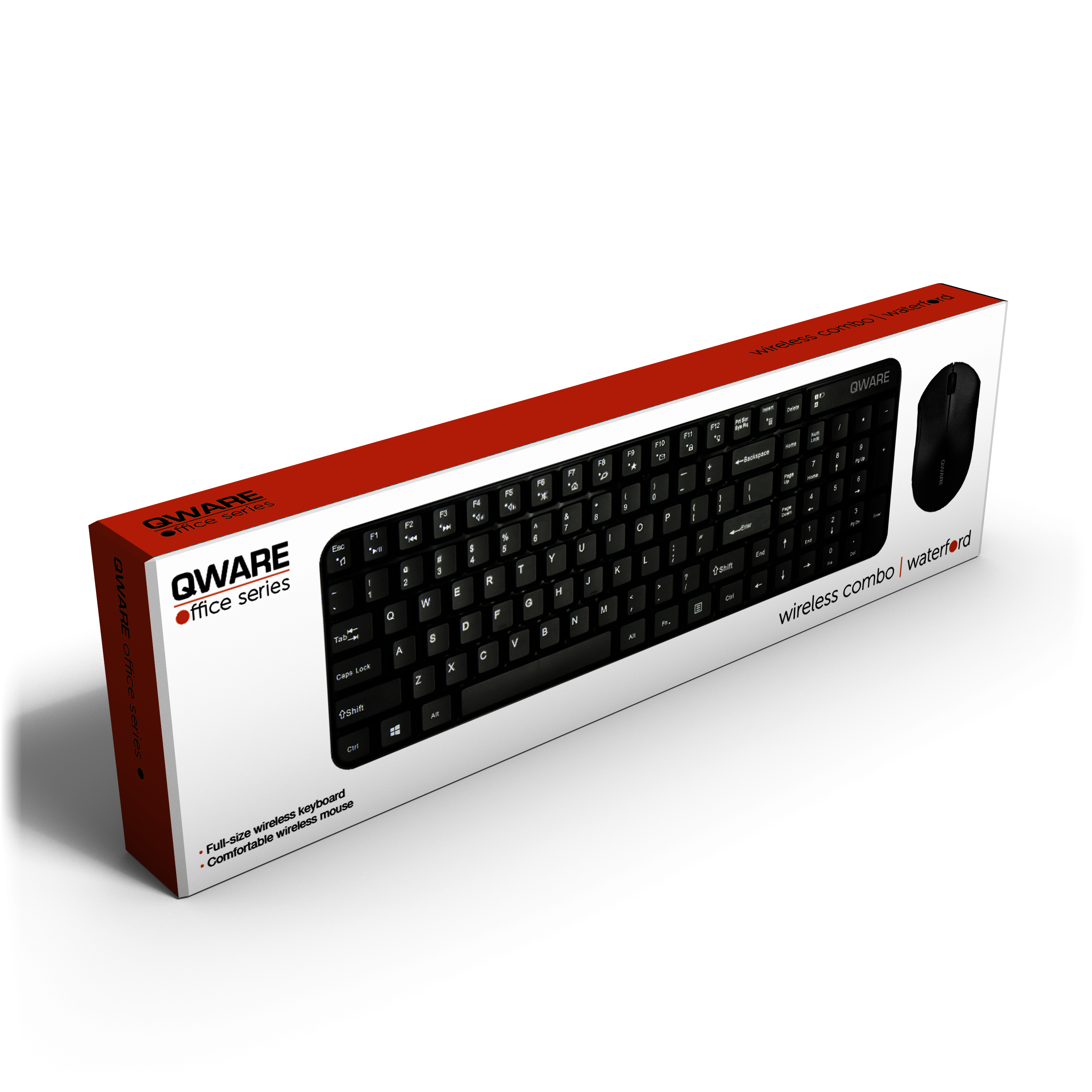 QWARE toetsenbord en muis draadloze combo, zwarte toetsen, witte doos, op witte achtergrond.