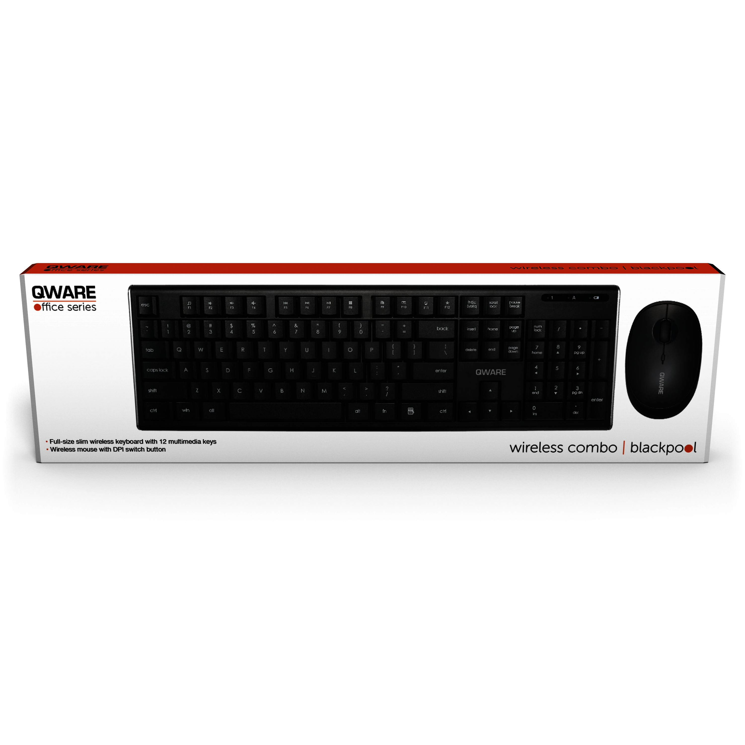Zwarte QWARE draadloze toetsenbord- en muiscombo in een doos. Verpakking met logo en productdetails.