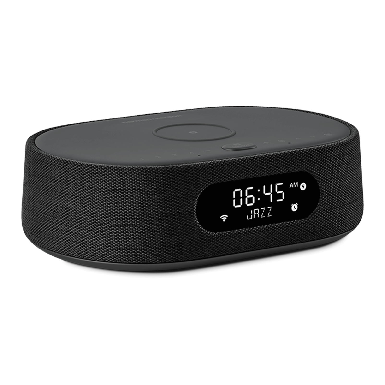 Zwarte Harman Kardon-luidspreker met een digitale klokweergave die 06:45 en het woord "JAZZ" toont.