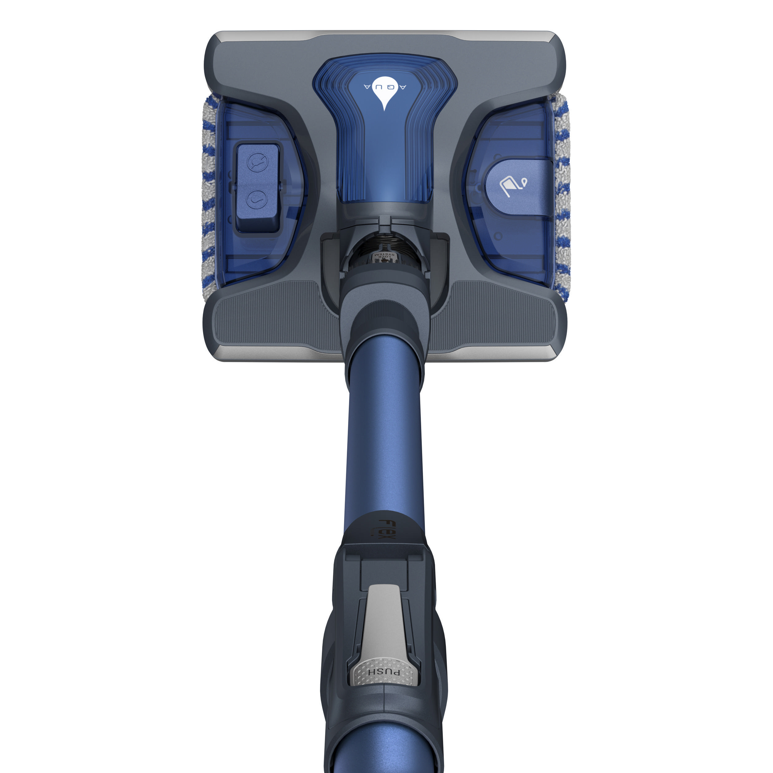 Blauer und grauer Staubsaugerkopf mit Aqua-Logo. Knöpfe und Bürsten sind sichtbar.