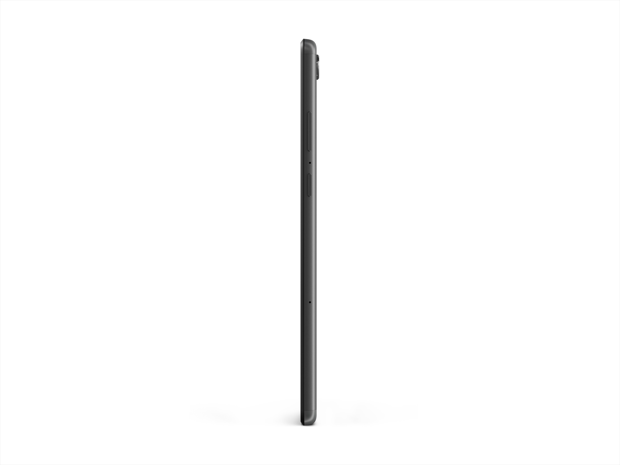 Beyaz arka planda profilden siyah tablet. Yan düğmeleri gösterir.