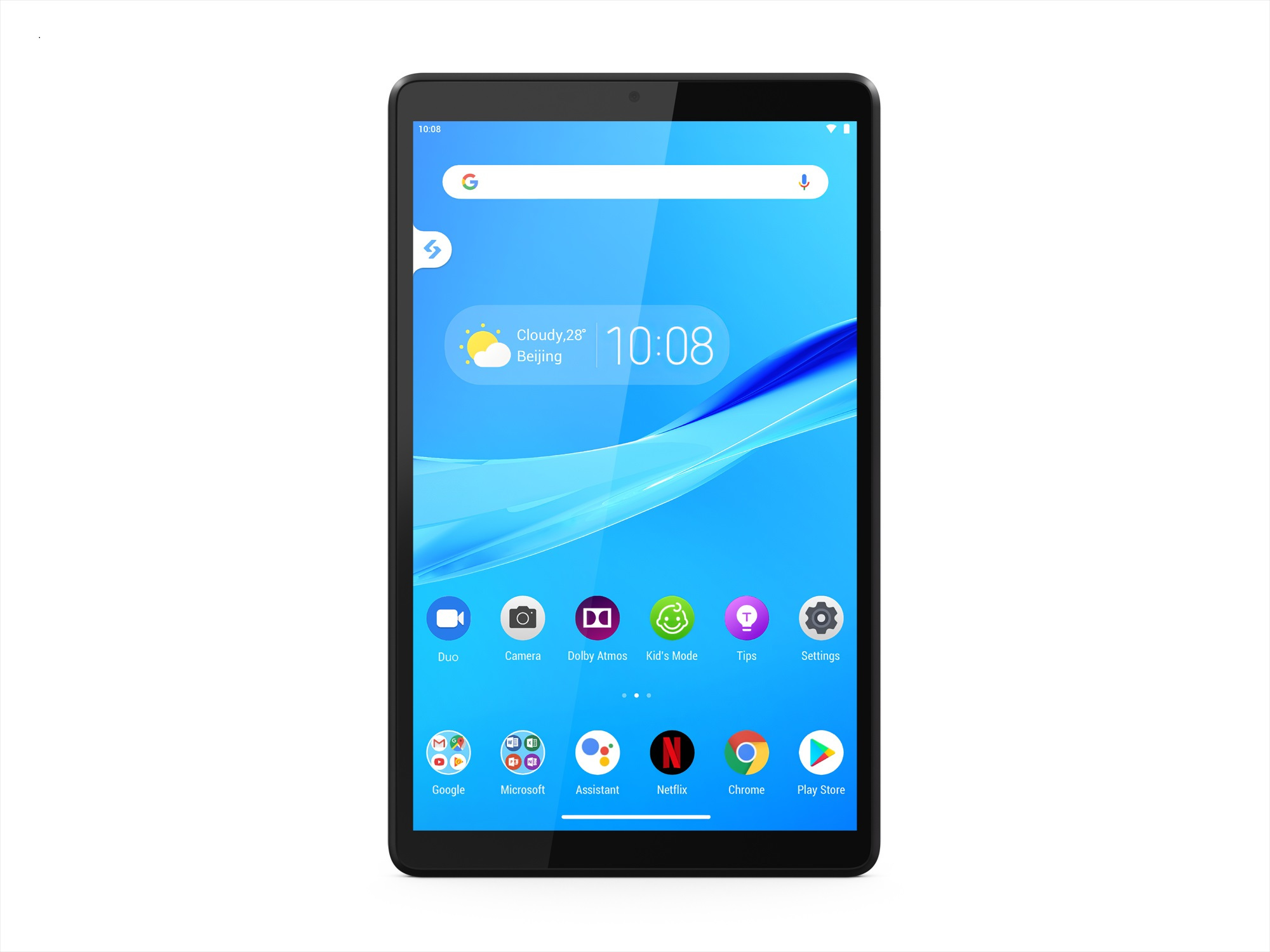 Saati gösteren mavi ekranlı tablet.
