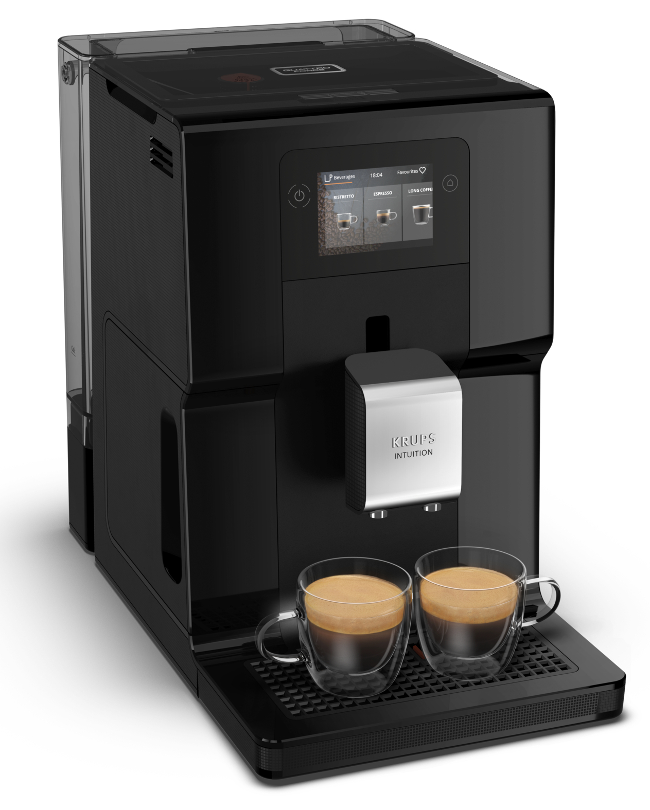 Black Krups Intuition coffee machine with two glass cups of espresso.