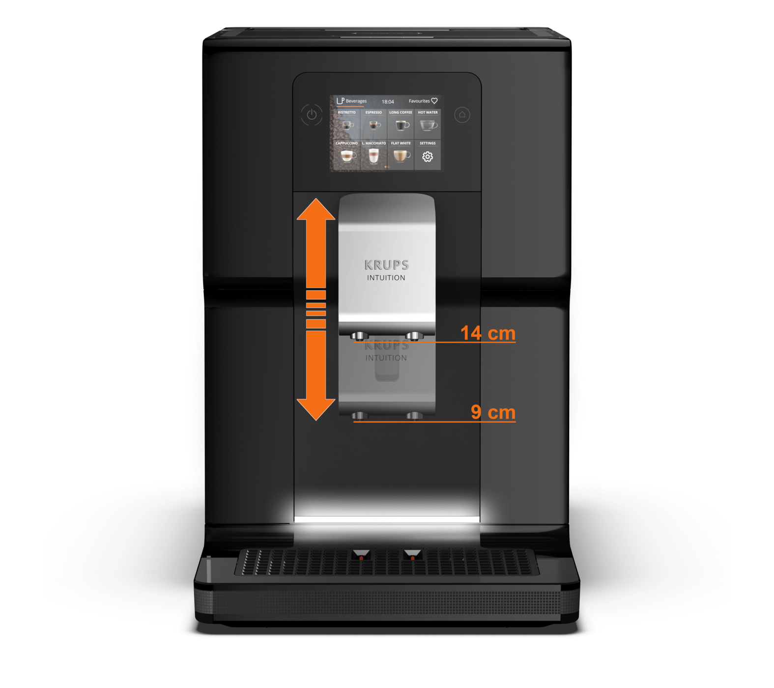 Black coffee machine, with a display screen, and measurements in cm. Black and white design.