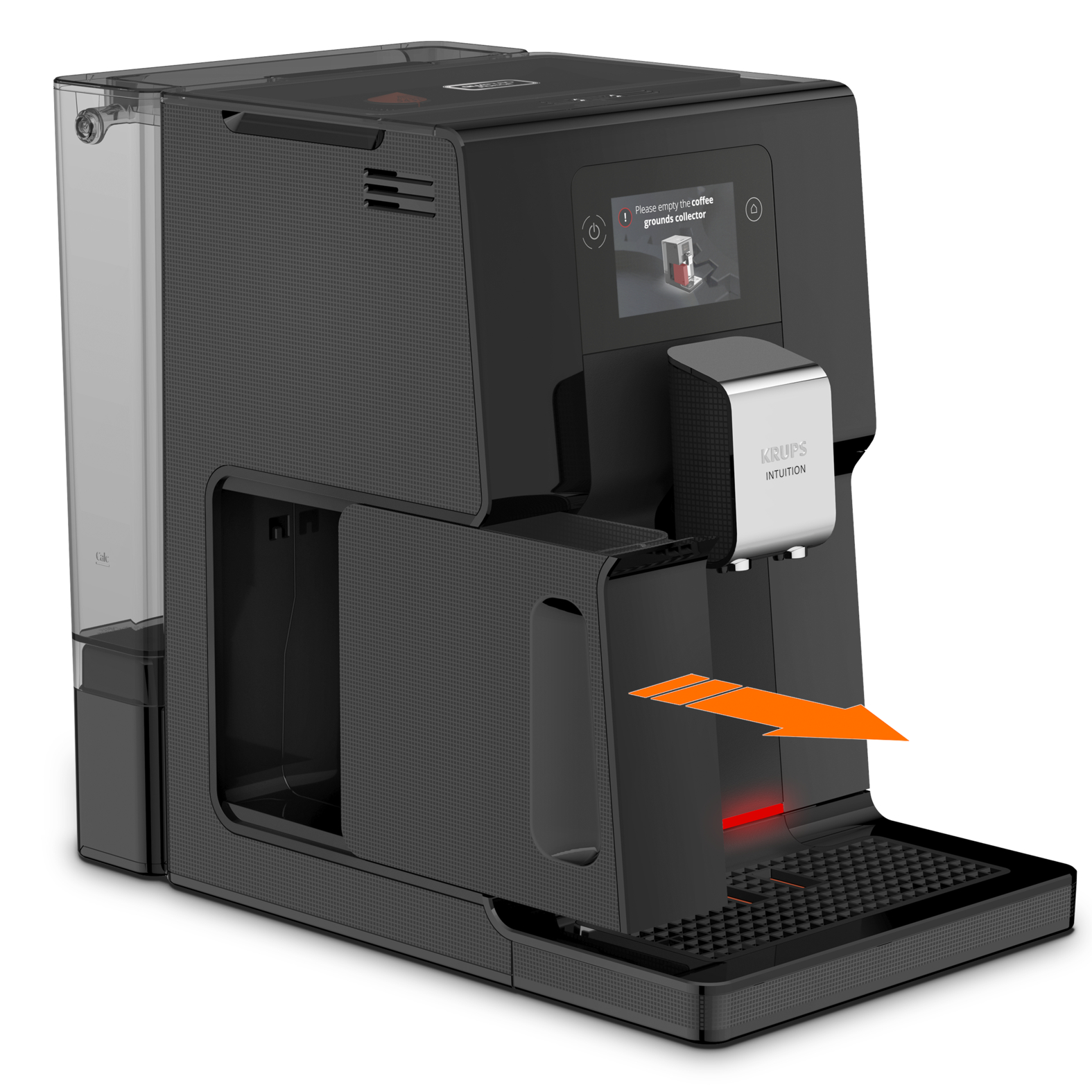 Black coffee machine with an orange arrow, showing where to insert the grounds.