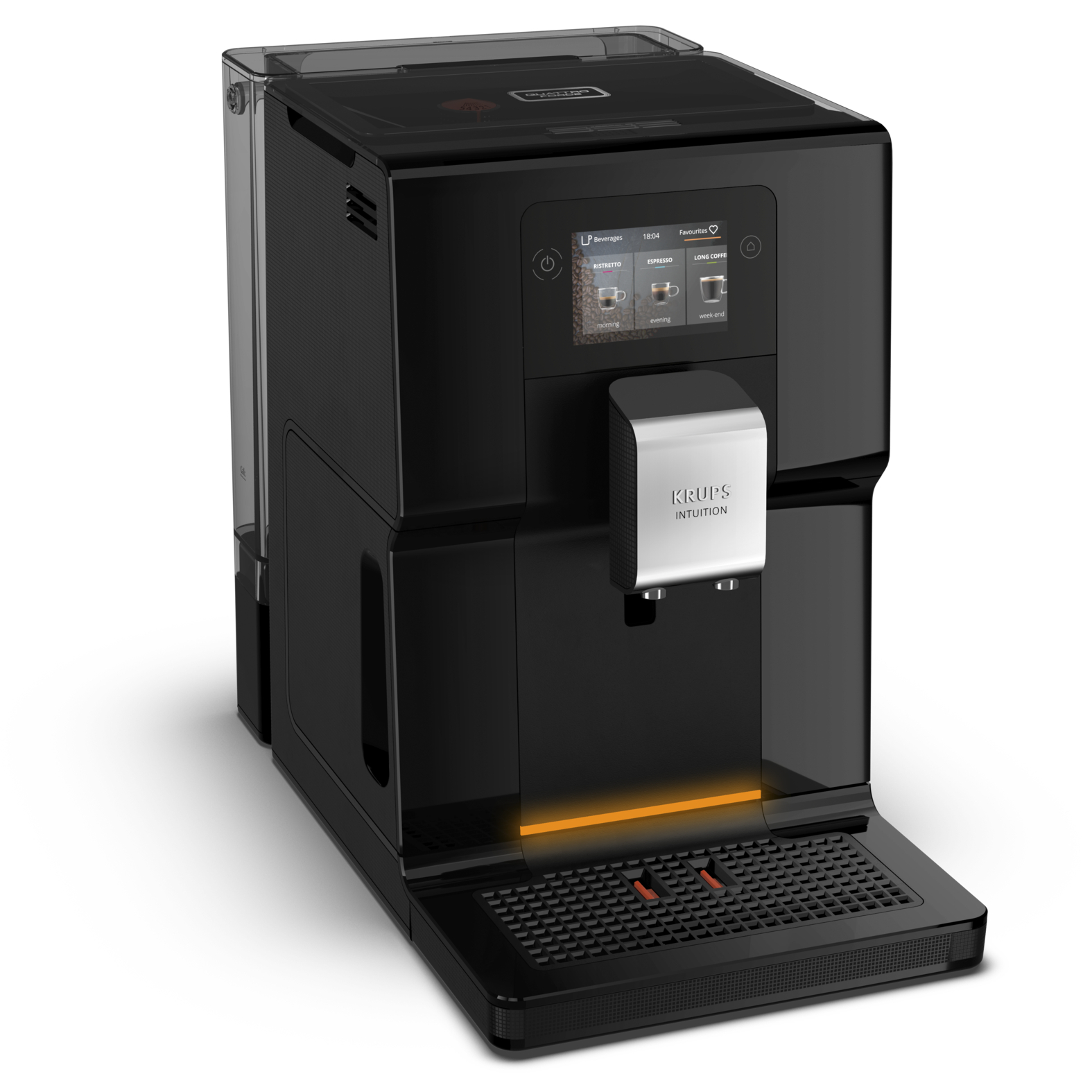 A black Krups Intuition coffee machine.