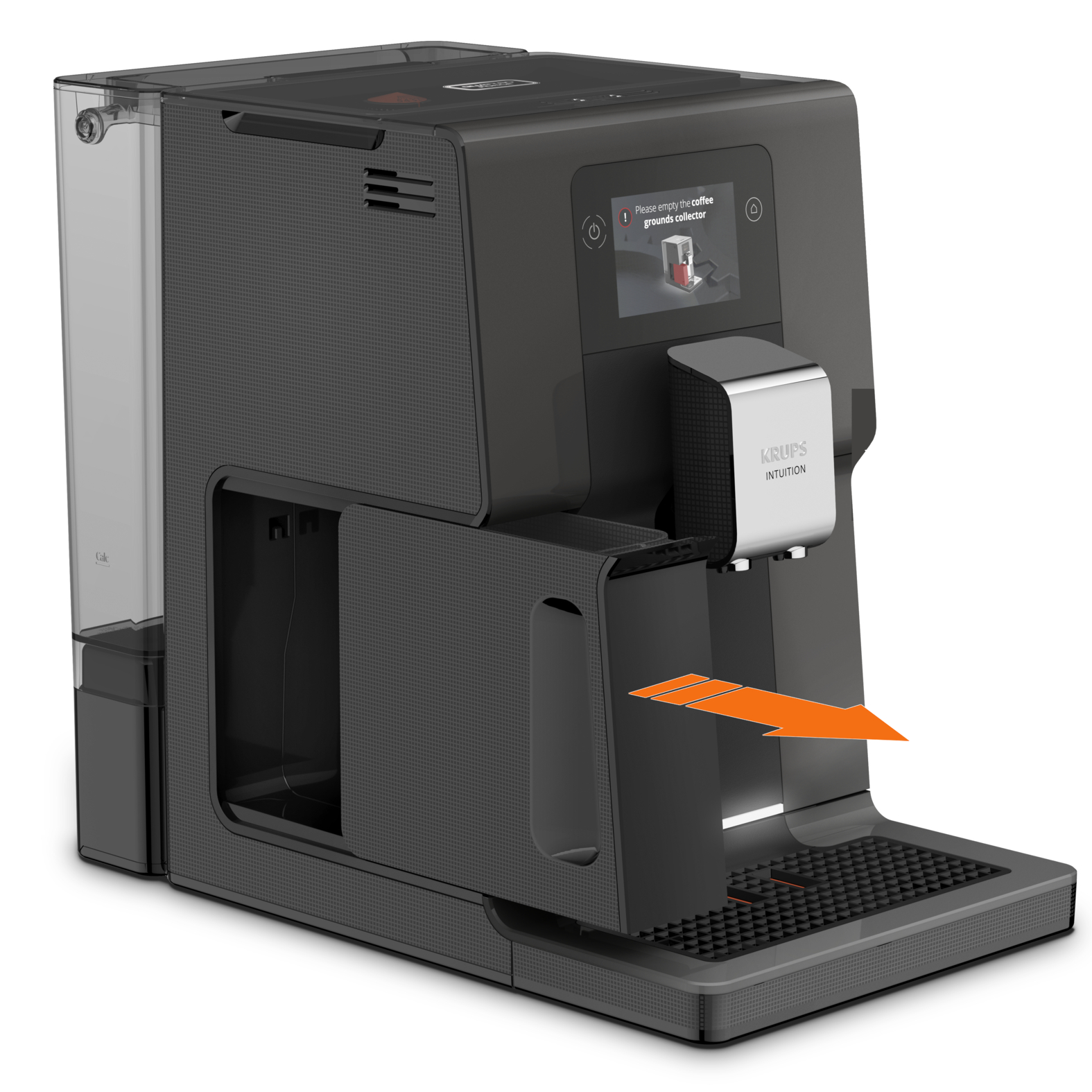 A dark Krups Intuition coffee machine. A screen displays a message. An orange arrow points towards the grounds collector.