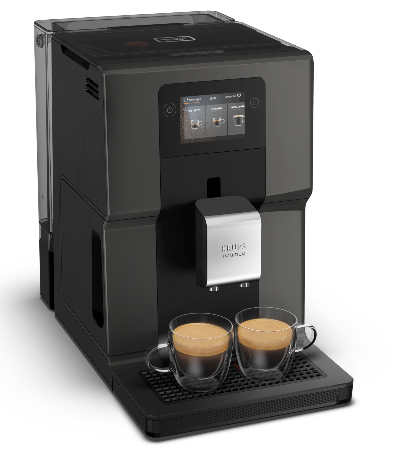 A Krups Intuition espresso machine with two glass cups filled with coffee. The machine is black with a digital display.