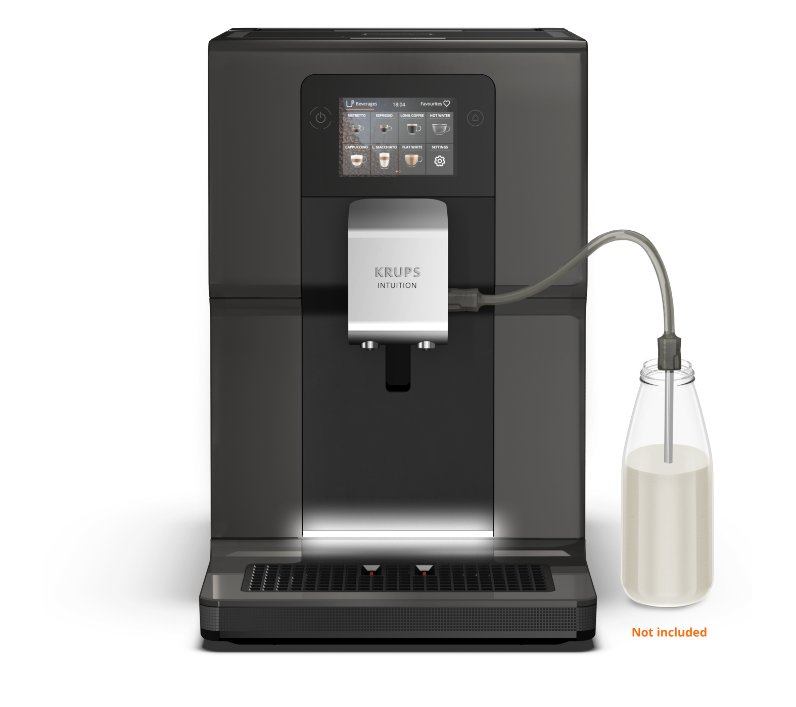 A Krups Intuition coffee machine with a milk bottle. The machine is dark gray with a touchscreen. The bottle is not included.