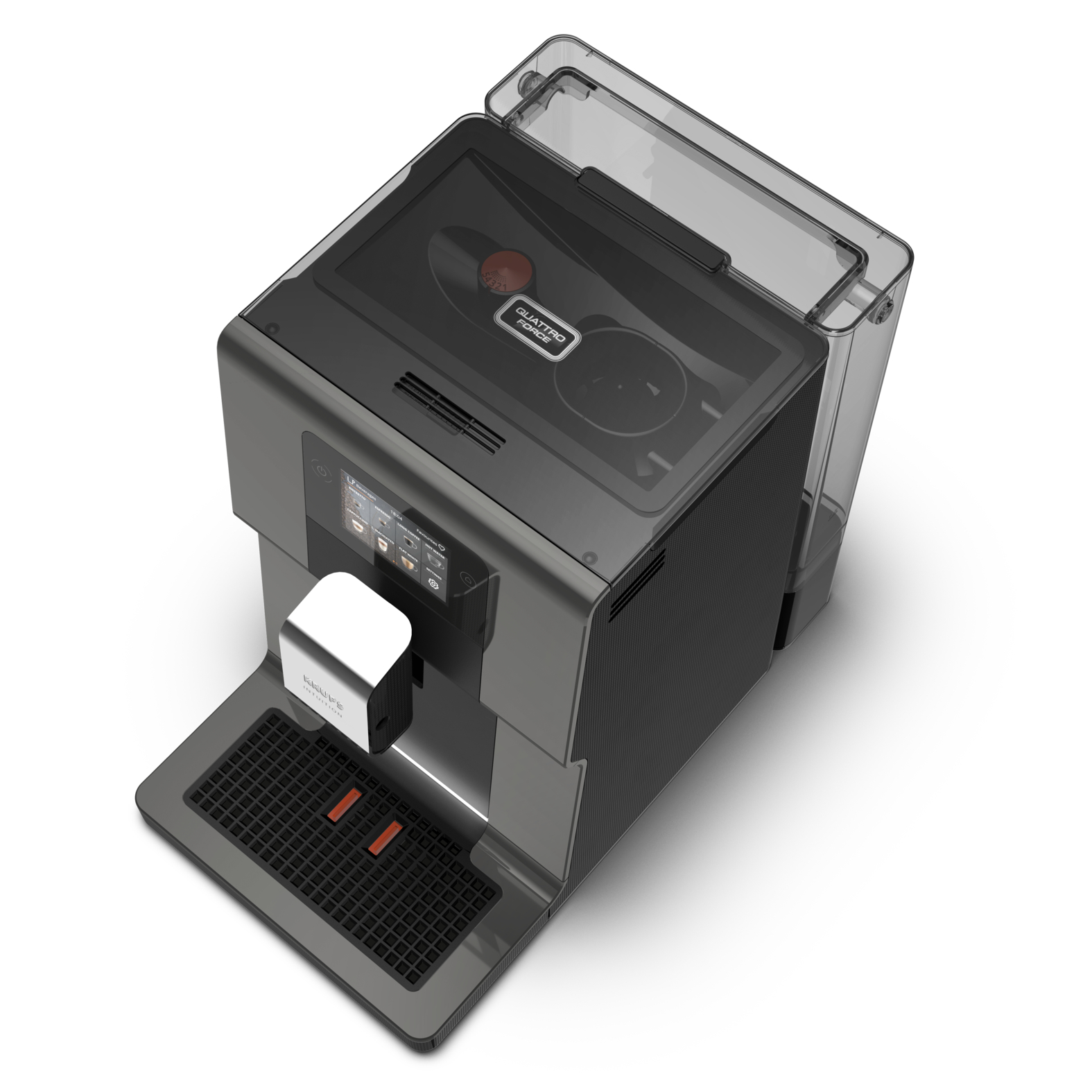 A modern coffee machine with a transparent top and digital display. It has a black and gray color scheme.
