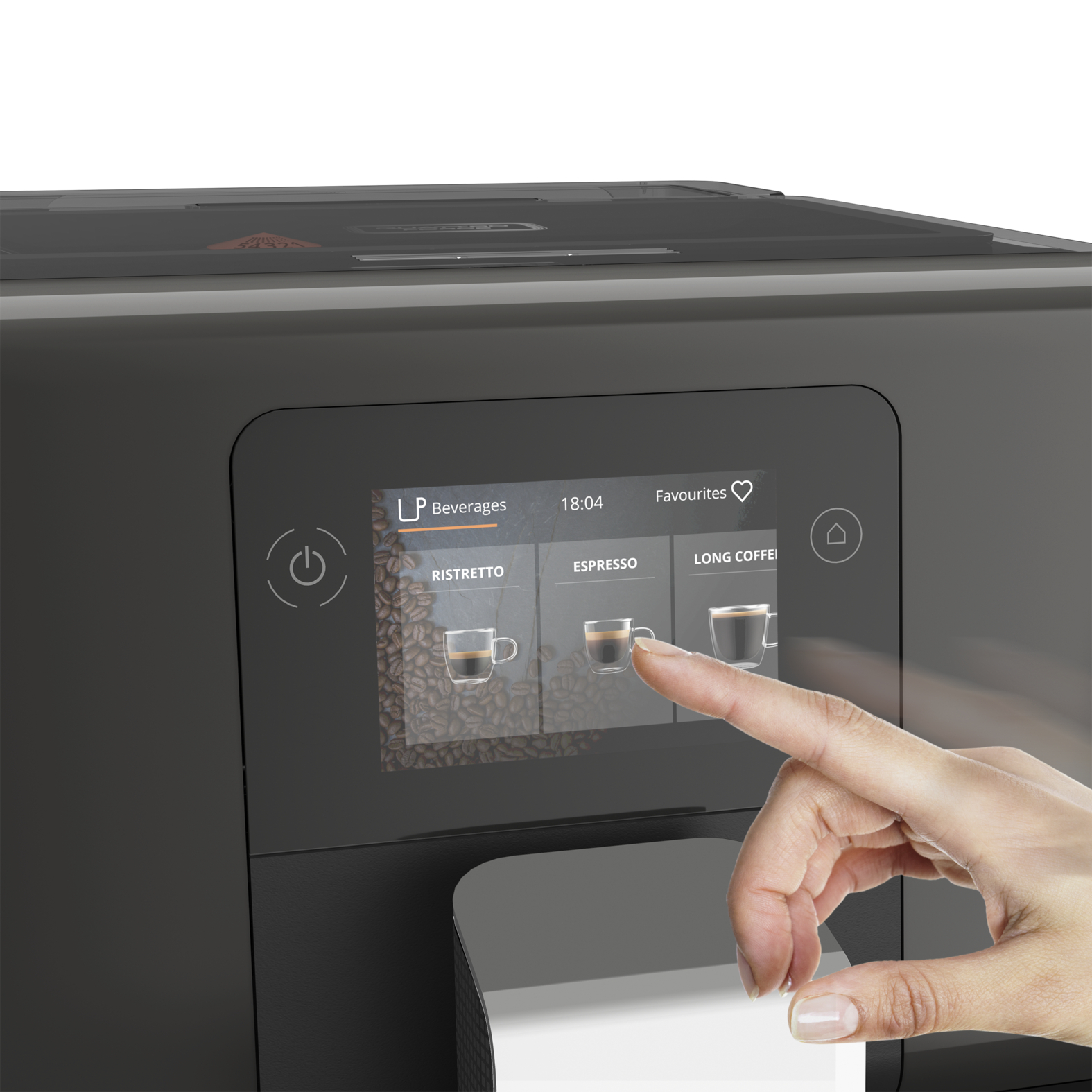 A finger touches the 'Espresso' option on a coffee machine's screen. The screen shows coffee choices.