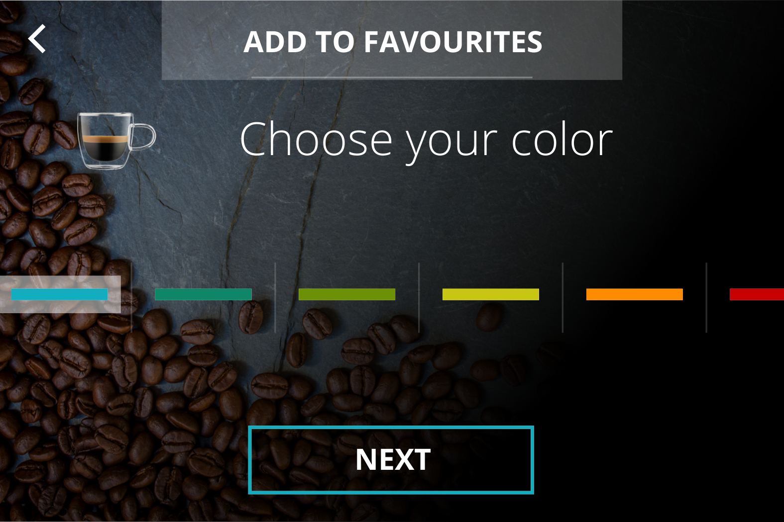 A coffee cup with espresso, coffee beans, color selection bars, and 'NEXT' button are on a dark background.